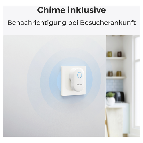 Eine weiße Türklingel an der Wand mit blauer Schallwelle. Text oben: 'Chime inklusive. Benachrichtigung bei Besucherankunft.'
